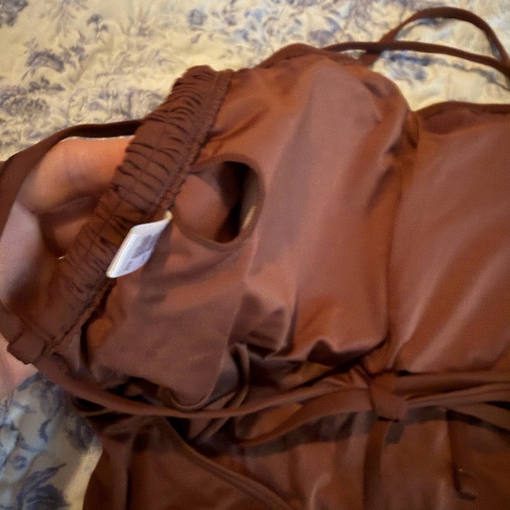 Brown Ruched Strapless One-Piece Swimsuit - Picture 5 of 6